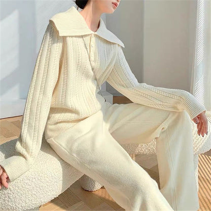 Damen Strickpullover Weitkragen Knopfleiste Eveloria