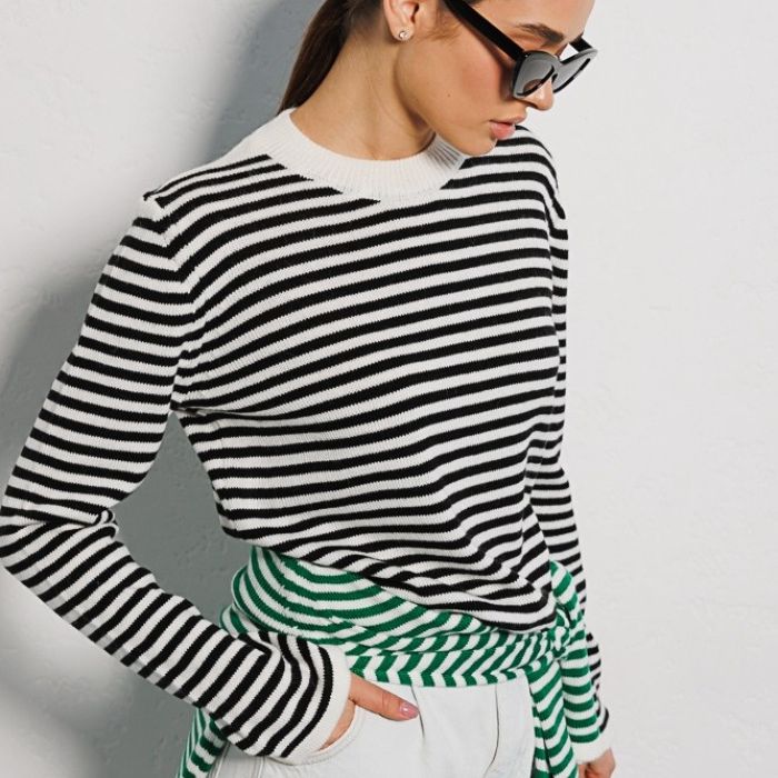 Damen Langarmpullover Weiches Streifenmuster Baumwollmix weiß