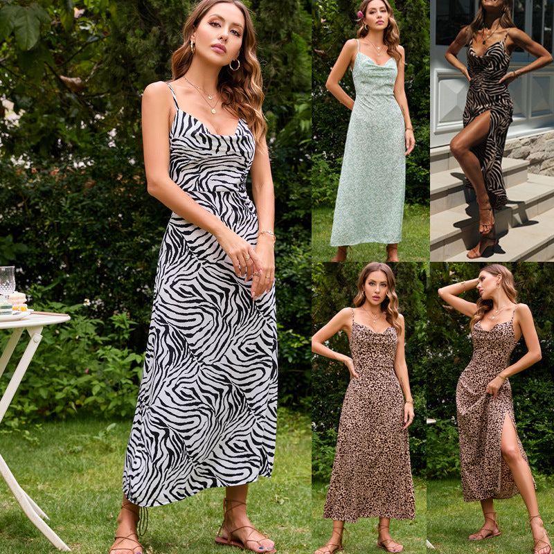 Damen Zebra-Print Maxikleid Hochschlitz Schwarz Weiss - Eveloria