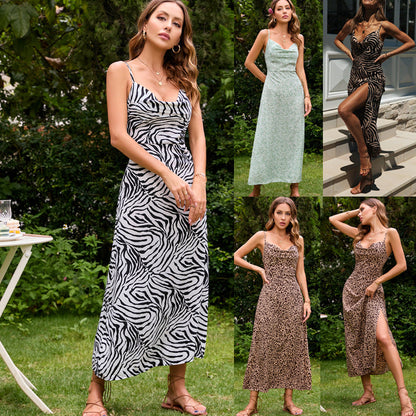 Damen Zebra-Print Maxikleid Hochschlitz Schwarz Weiss - Eveloria