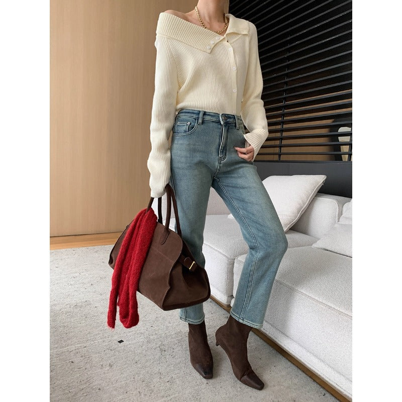 Damen Strickjacke Gestreift Hochkragen Praktische Taschen