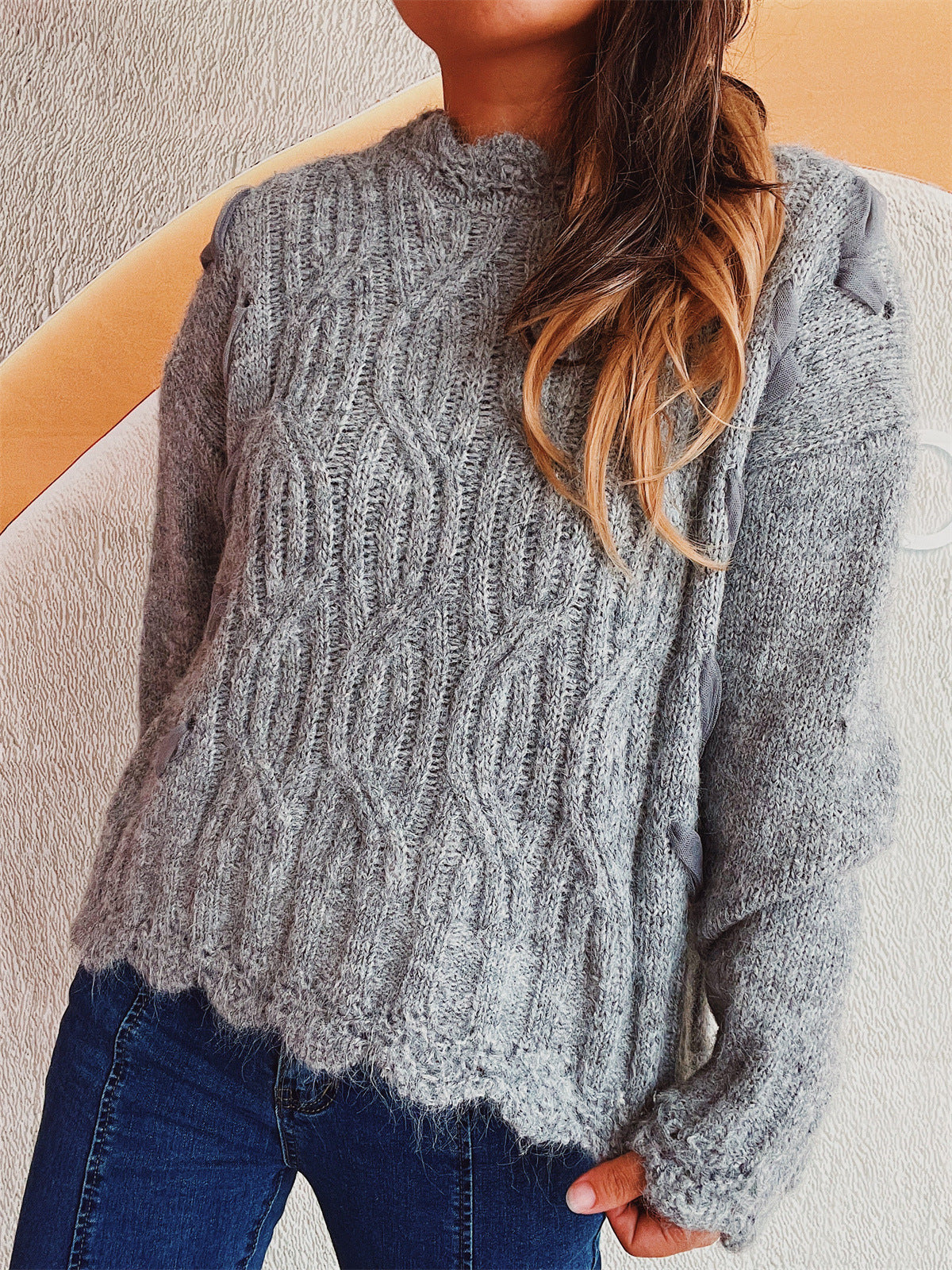 Damen Grobstrickpullover Zopfmuster Schneeflocken Applikationen