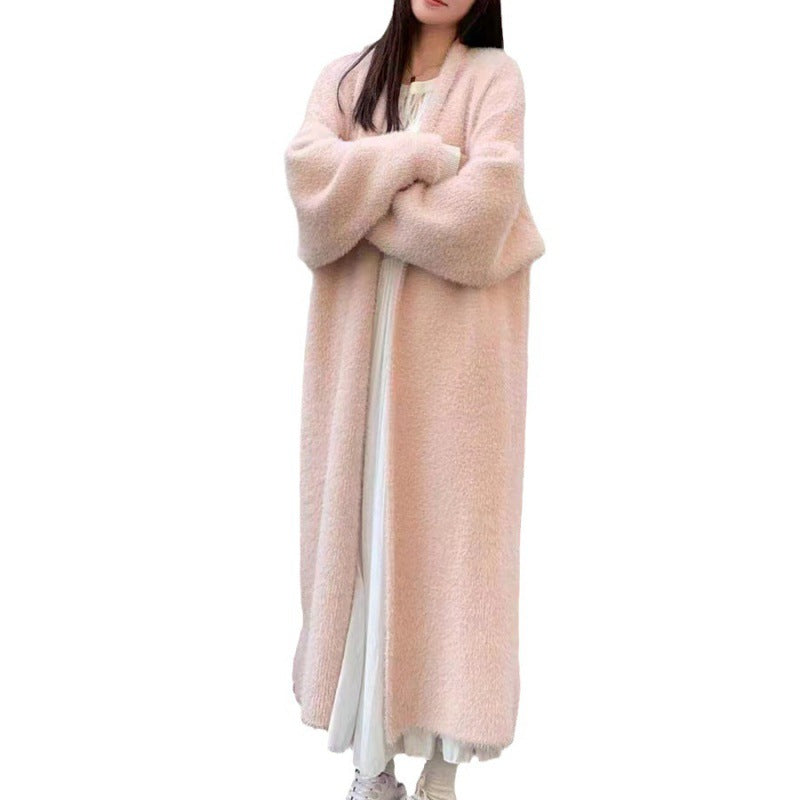 Damen Maxi Cardigan Flauschig V-Ausschnitt Oversized Beige
