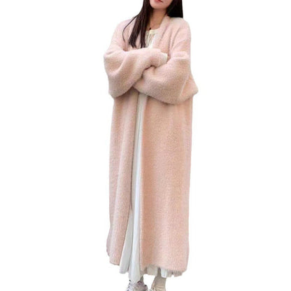 Damen Maxi Cardigan Flauschig V-Ausschnitt Oversized Beige