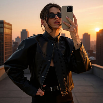 Damen Kunstlederjacke Stehkragen Strukturiert Schwarz Eveloria - Eveloria