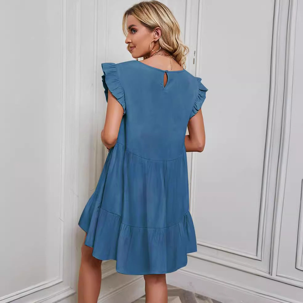 Damen A-Linie Volantkleid Kurz mit Seitenschlitz