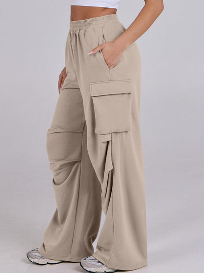 Damen Cargo-Hose Elastischer Bund Weite Beine Beige