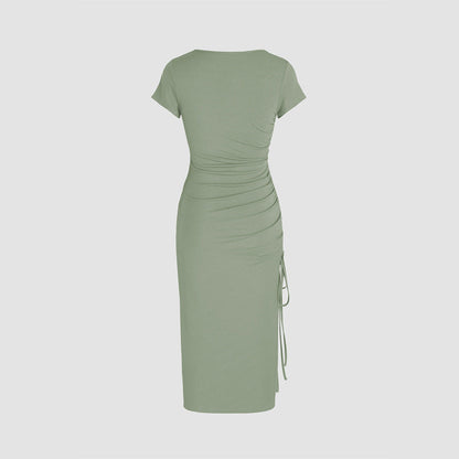 Damen Midi-Kleid Figurbetont mit Seitenschlitz und Raffungsdetails