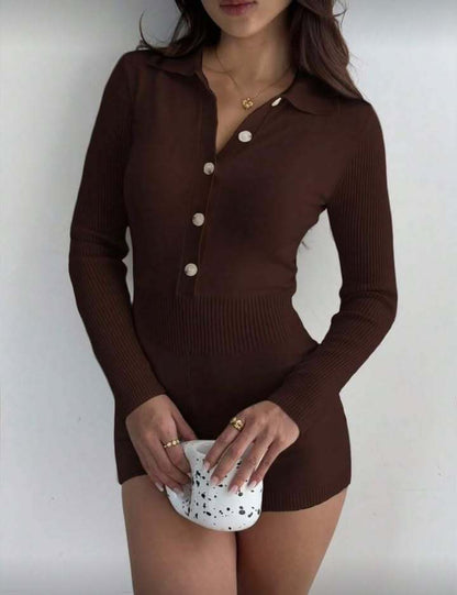 Damen Strickoverall Stehkragen Knopfleiste Eveloria