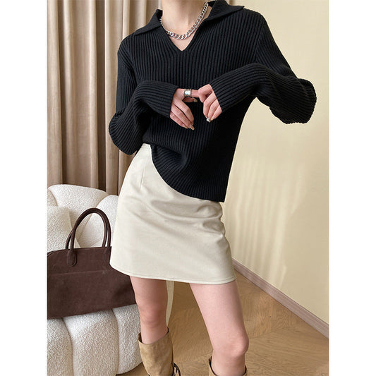 Damen Strickpullover V-Ausschnitt Rippenstruktur - Eveloria