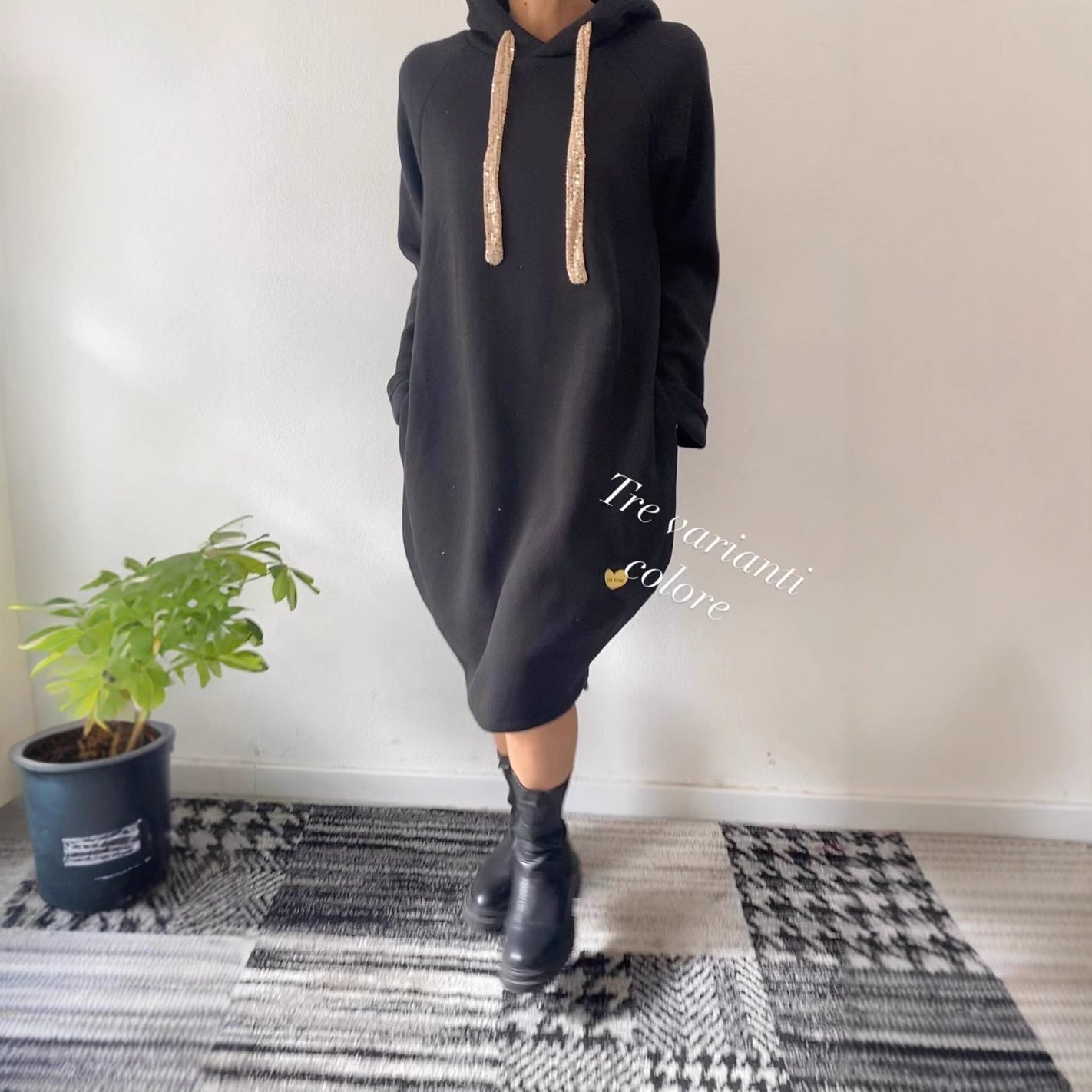 Damen Oversize Kapuzenkleid Glitzernd Schwarz - Eveloria