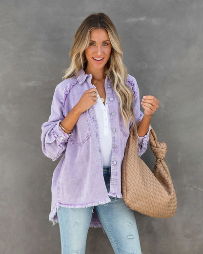 Damen Oversized Denim-Hemdjacke Fransen Detail Blau Eveloria