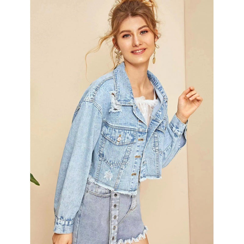 Damen Denimjacke Distressed Blau