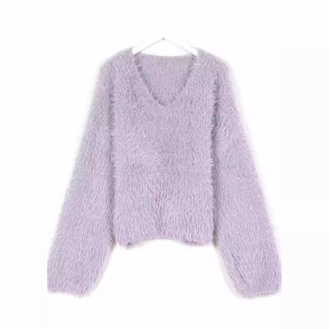 Damen Pullover V-Ausschnitt Flausch langarm Glitzer Eveloria