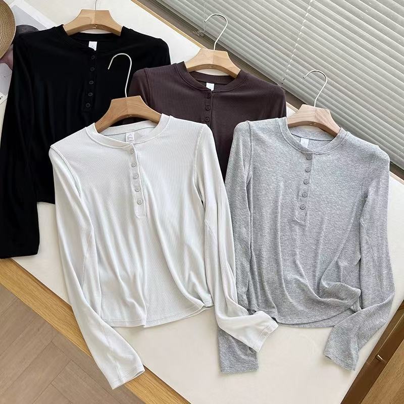 Damen Langarmshirt Baumwollmix Weich Knöpfe Eveloria