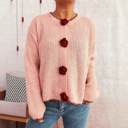 Damen Strickjacke Florale Knöpfe Strukturiert Eveloria