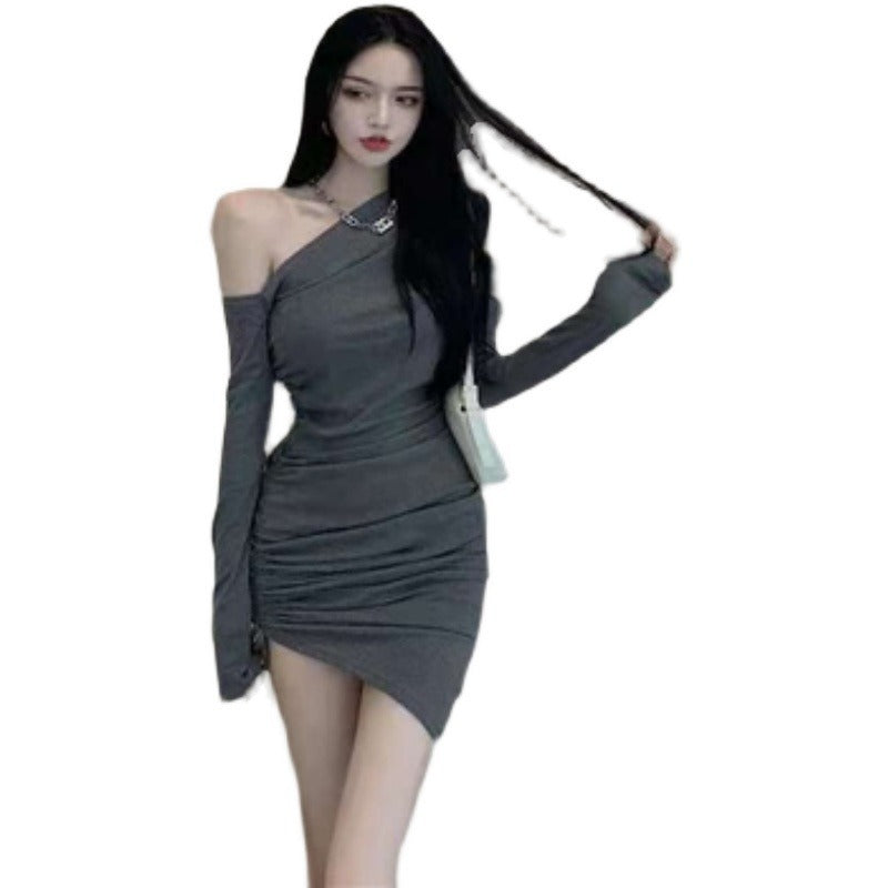 Damen Minikleid Asymmetrischer Ausschnitt Figurbetonter Raffungseffekt