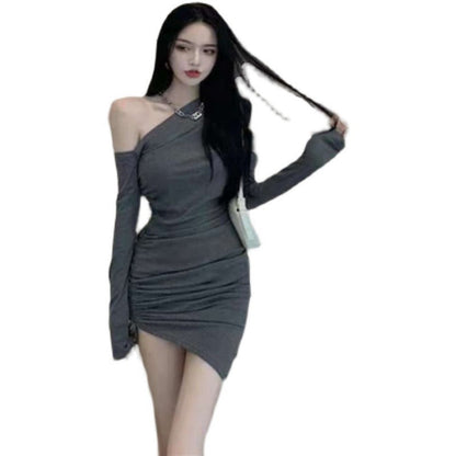 Damen Minikleid Asymmetrischer Ausschnitt Figurbetonter Raffungseffekt