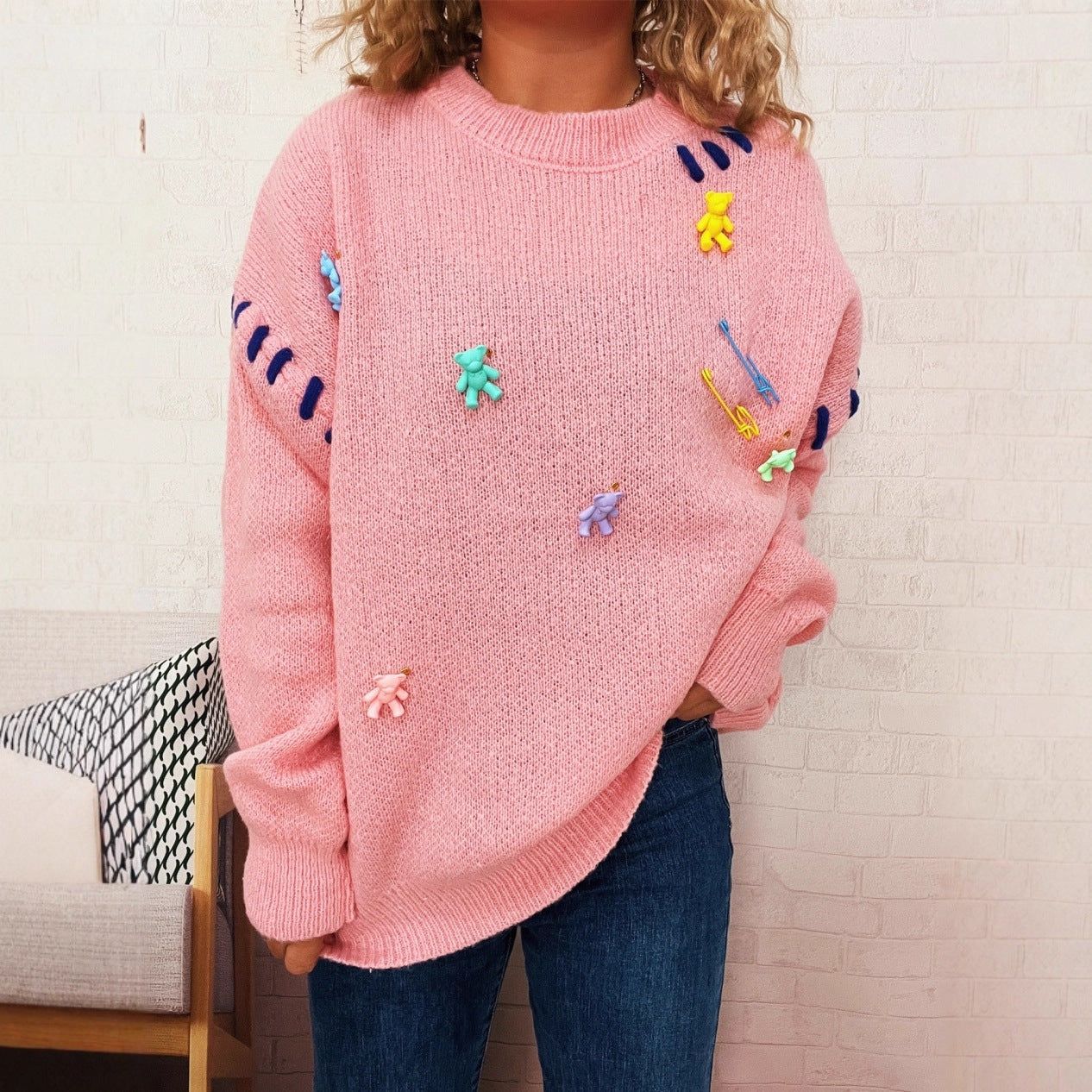 Damen Pullover Bunte Applikationen Weite Passform - Eveloria