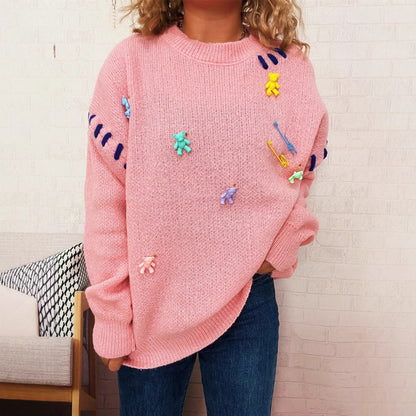Damen Pullover Bunte Applikationen Weite Passform - Eveloria
