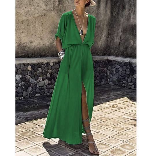 Damen Maxikleid V-Ausschnitt Hochschlitz Elegant Eveloria