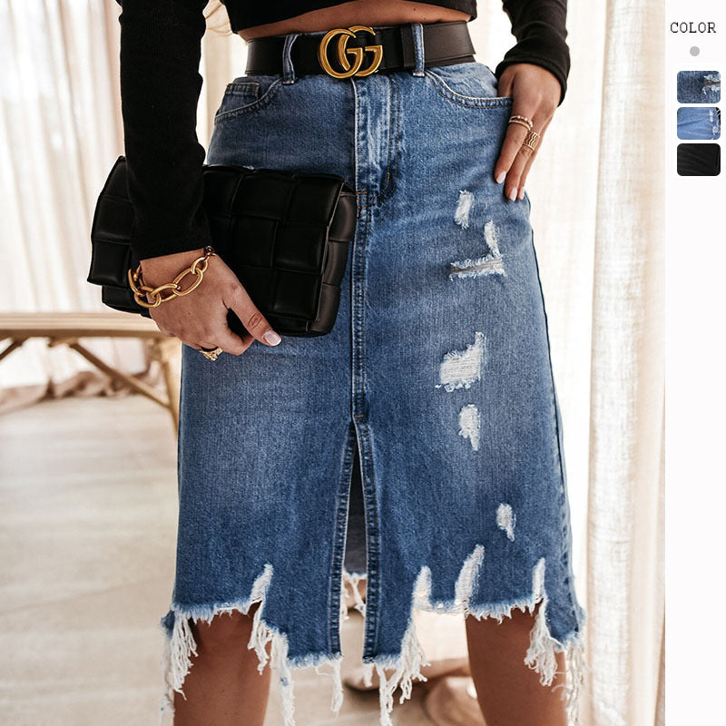 Damen Denim-Rock Asymmetrisch Destroyed Blau - Eveloria