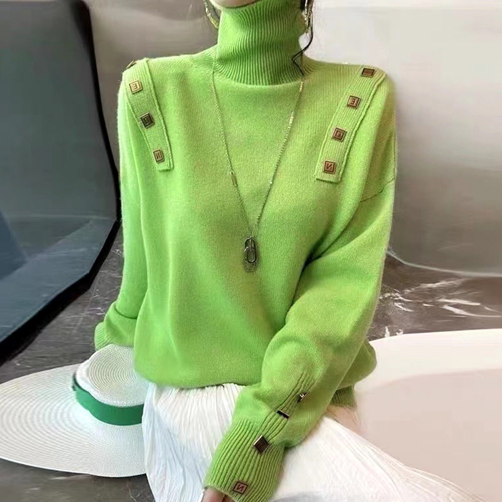 Damen Rollkragenpullover Modisch Dekorative Knöpfe Grau - Eveloria
