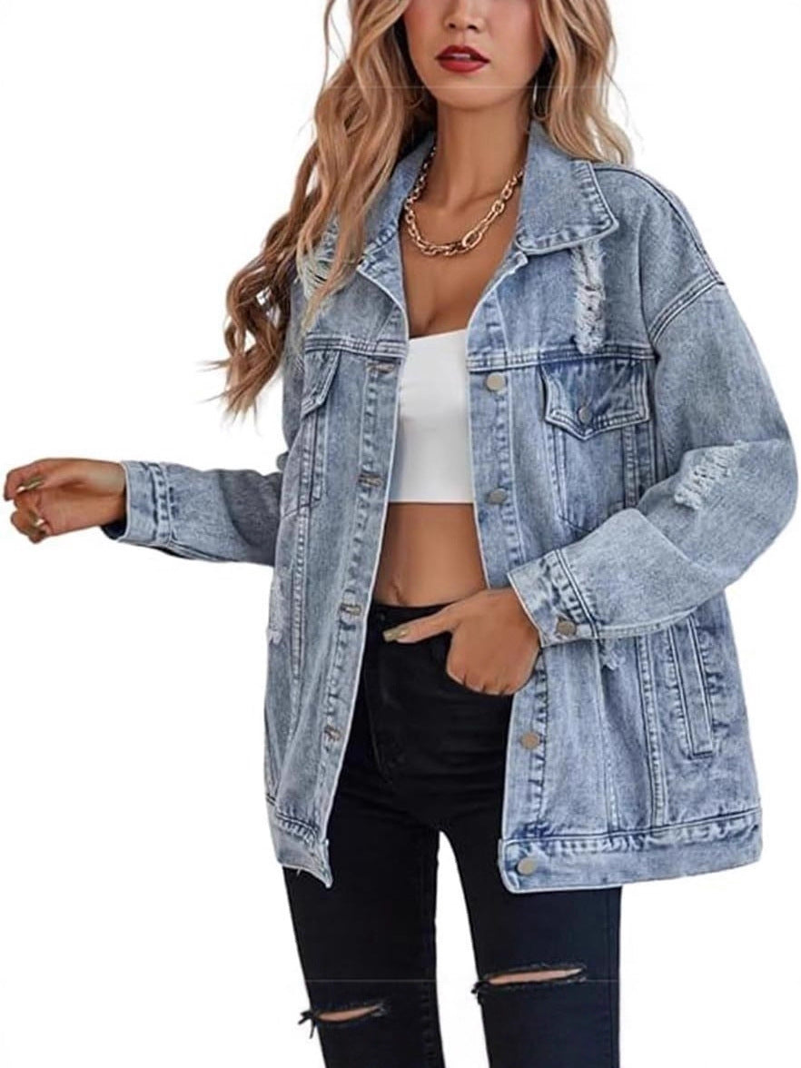 Damen Oversized Denimjacke Ripped Details Blau Eveloria