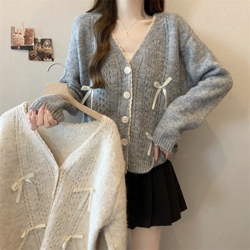 Damen Strickcardigan mit Schleifen Beige - Eveloria