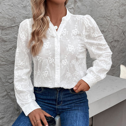 Damen Bluse Florales Stickdesign Puffärmel Elegant