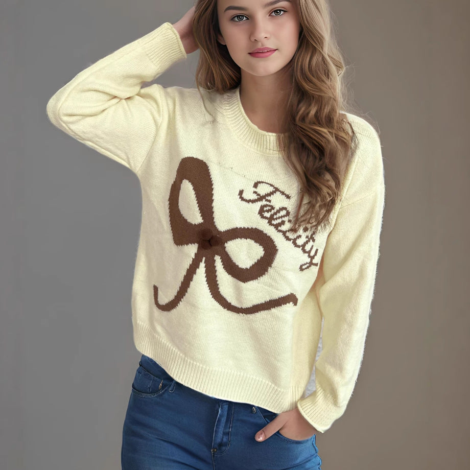 Damen Pullover Weich Verspieltes Schleifenmuster Beige