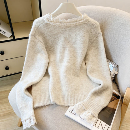 Damen Strickpullover Spitzenverzierung Eleganz