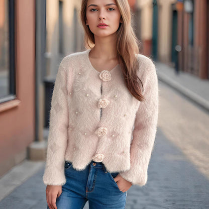 Damen Strickjacke Blumenapplikationen Perlenakzente Eveloria - Eveloria