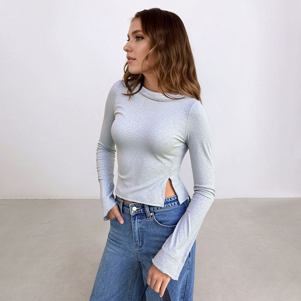 Damen Cropped Langarmshirt Seidenmix Elegantes Design
