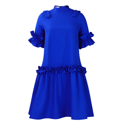 Damen Midikleid Voluminöse Rüschenärmel Stehkragen Elegant