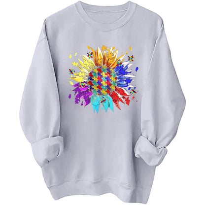 Damen Sweatshirt Puzzle-Blumenmotiv Baumwolle Bequem - Eveloria