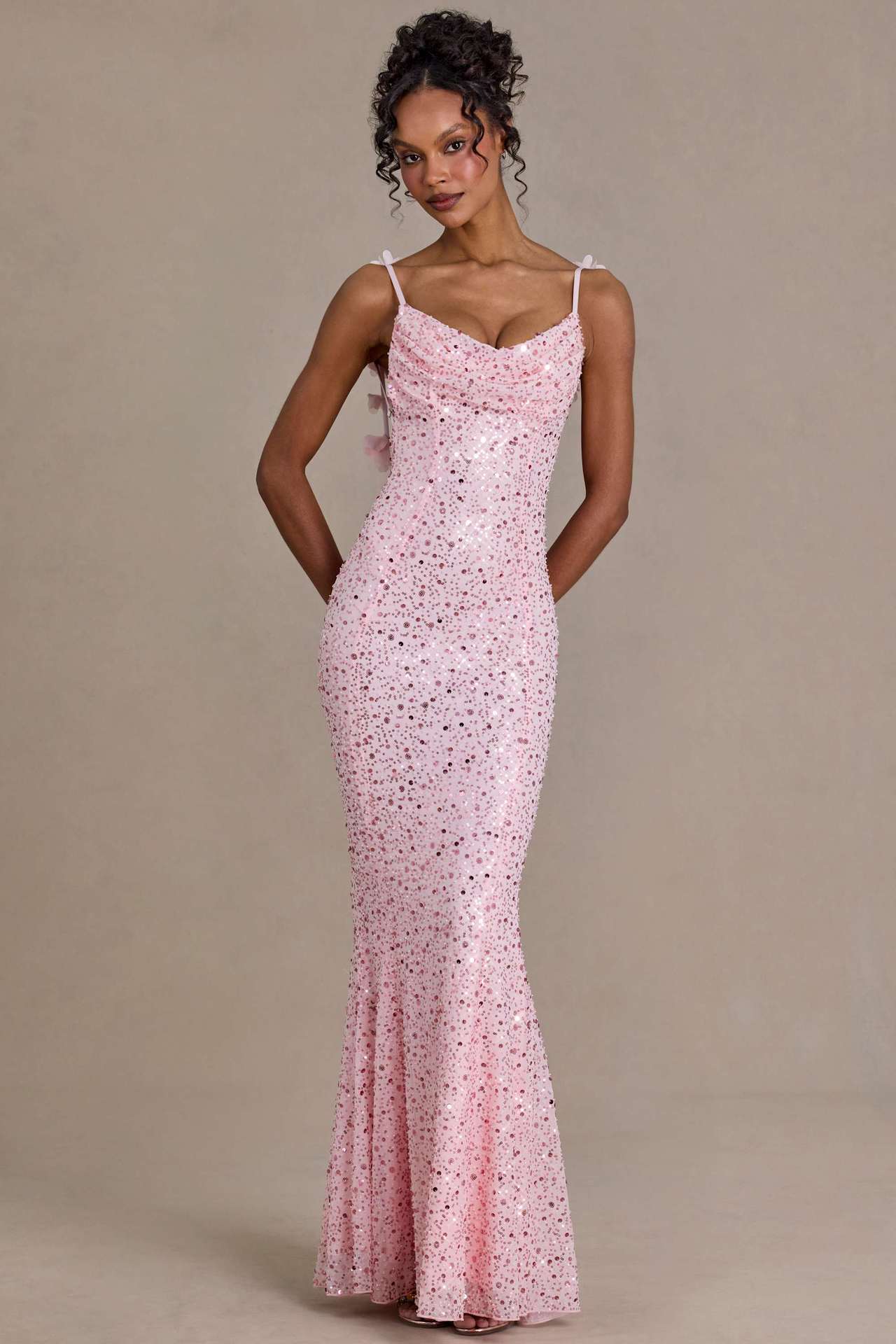 Damen Maxi-Kleid Pailletten Wasserfallausschnitt Figurbetonter