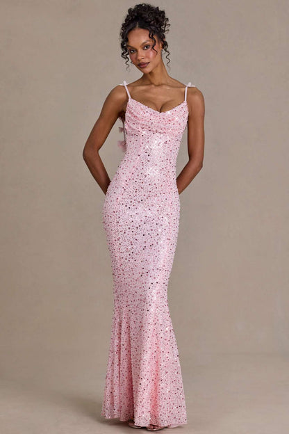 Damen Maxi-Kleid Pailletten Wasserfallausschnitt Figurbetonter