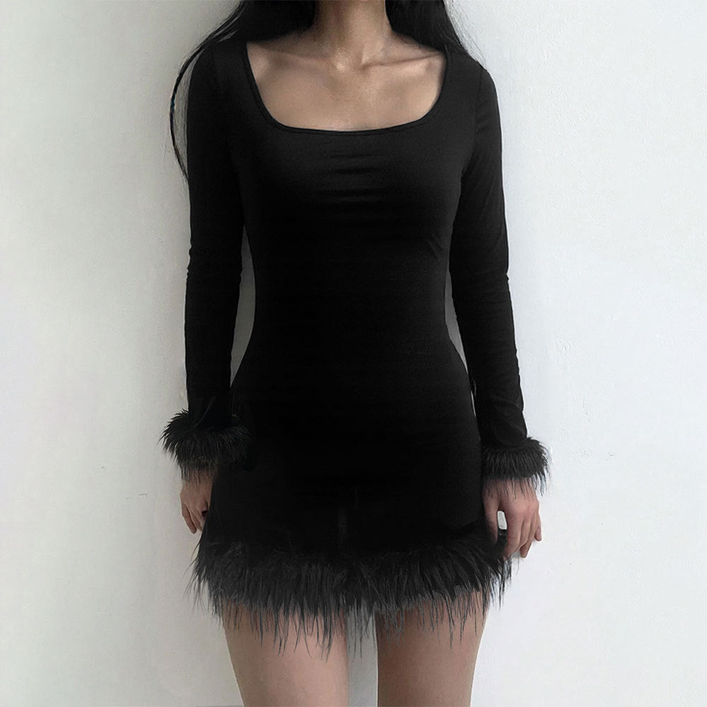 Damen Minikleid Elegante Lange Ärmel Federn Schwarz Eveloria - Eveloria