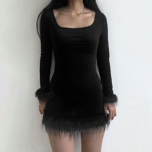 Damen Minikleid Elegante Lange Ärmel Federn Schwarz Eveloria - Eveloria