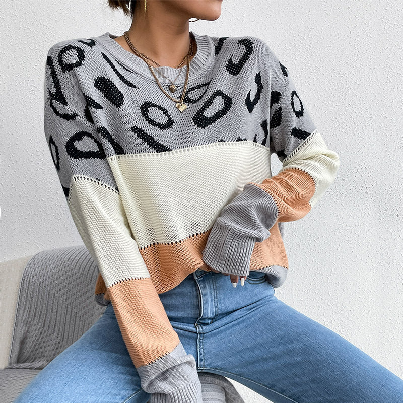 Damen Strickpullover Lässig Farbblock Animalmuster Eveloria