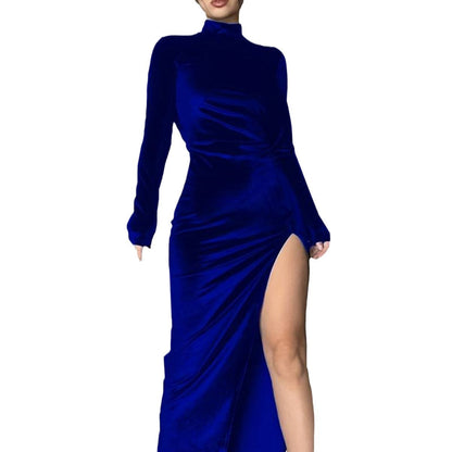 Damen Maxikleid Hochschlitz Eleganter Stehkragen Eveloria