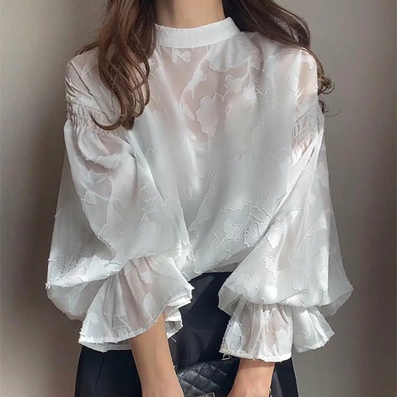 Damen Bluse Floral Stickmuster Voluminöse Ärmel Eveloria
