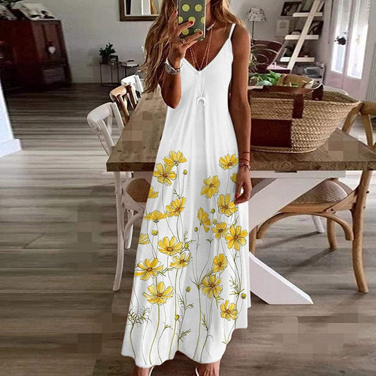 Damen Maxikleid Baumwolle Blumenprint V-Ausschnitt - Eveloria