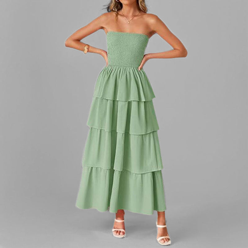 Damen Maxikleid Schulterfrei Voluminöse Rüschenschichten Eveloria