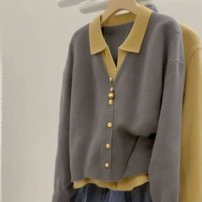 Damen Strickjacke Elegant Kragen Große Knöpfe Beige