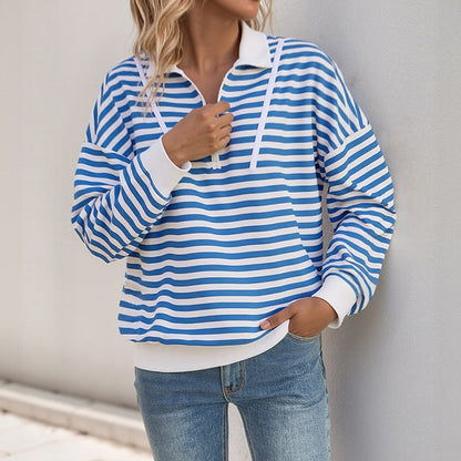Damen Sweatshirt Gestreift Kapuze Sportkragen Grau