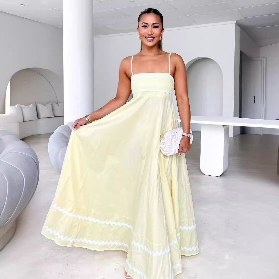 Damen Maxikleid A-Linie Sommer Raffinierte Zierborten Eveloria