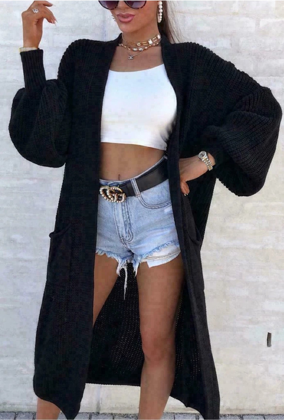 Damen Strickmantel Lang Weite Ärmel Taschen Beige