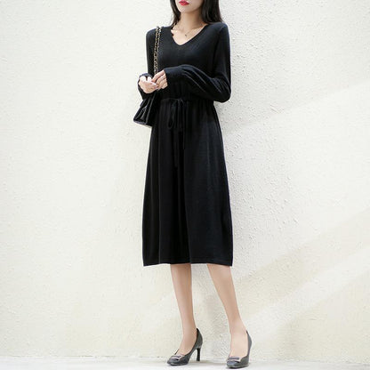 Damen Strickkleid Taillierbarer Gürtel Fein Strukturiert Anthrazit